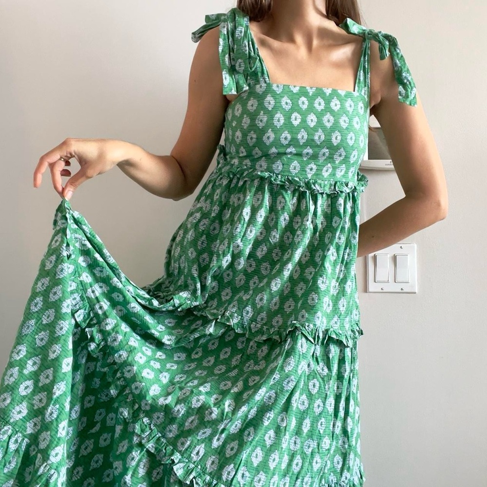Anna Cate | Green boho motif sleeveless cotton tiered ruffle maxi dress | XS
